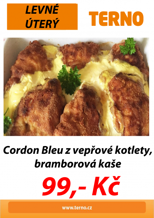 Přijďte si zítra na Cordon Bleu s bramborovou kaší v rámci našeho LEVNÉHO ÚTERÝ