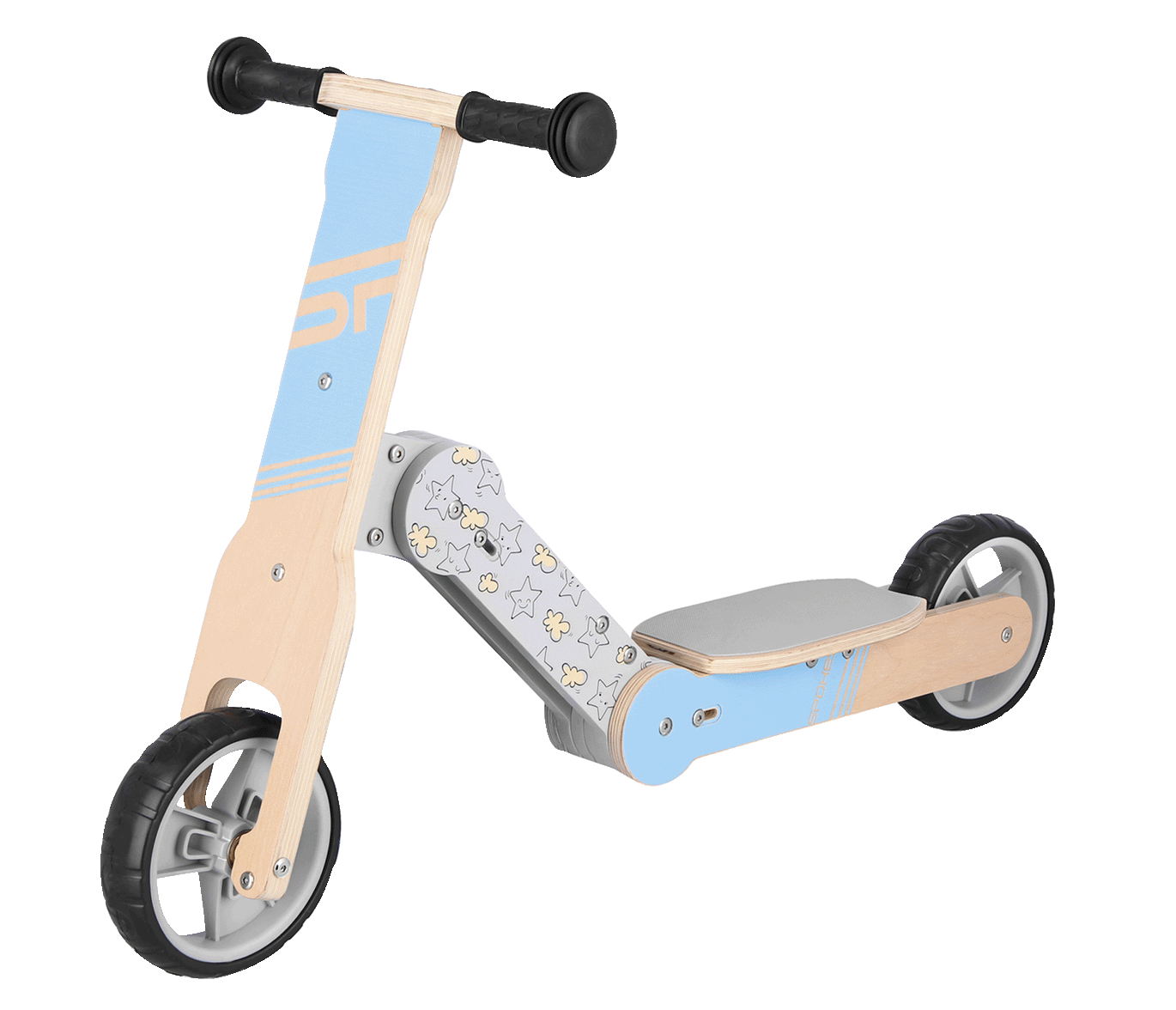 Spokey WOO-RIDE MULTI Dřevěné dětské odrážedlo a koloběžka v jednom, modré, žluté